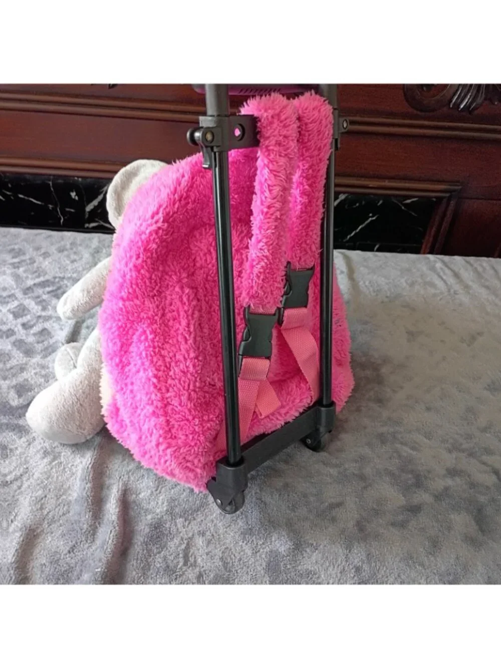 Back Pack Fluffy Pink With Plush Elephant